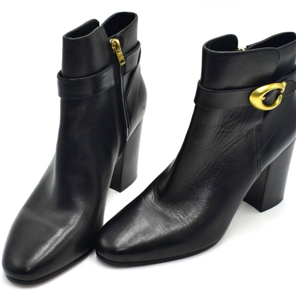 Coach Delaney zippered black bootie with gold hardware and block 3.5” heel - Picture 2 of 7